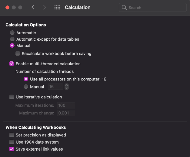 A screenshot of Calculation Options on a MAC.