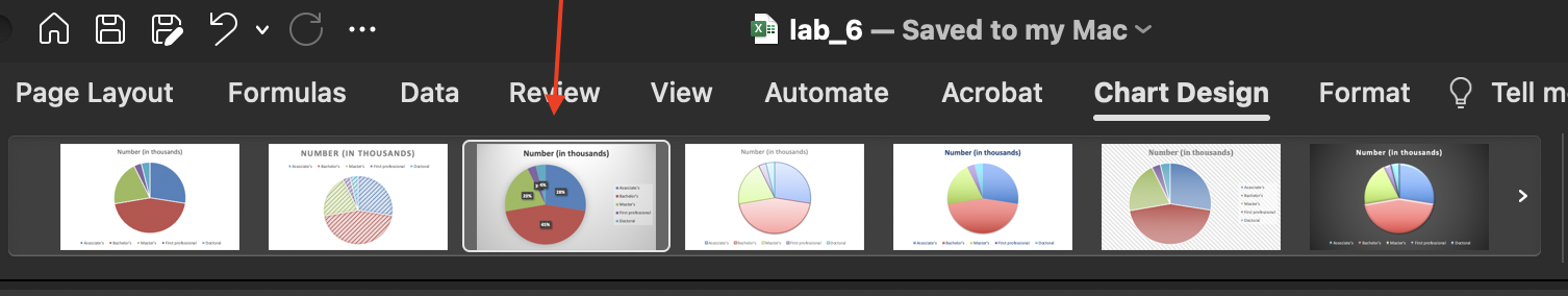 A screenshot of the options in the Chart Design tab for pie charts.