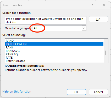The dialog box of the Insert Function in Excel on a PC.