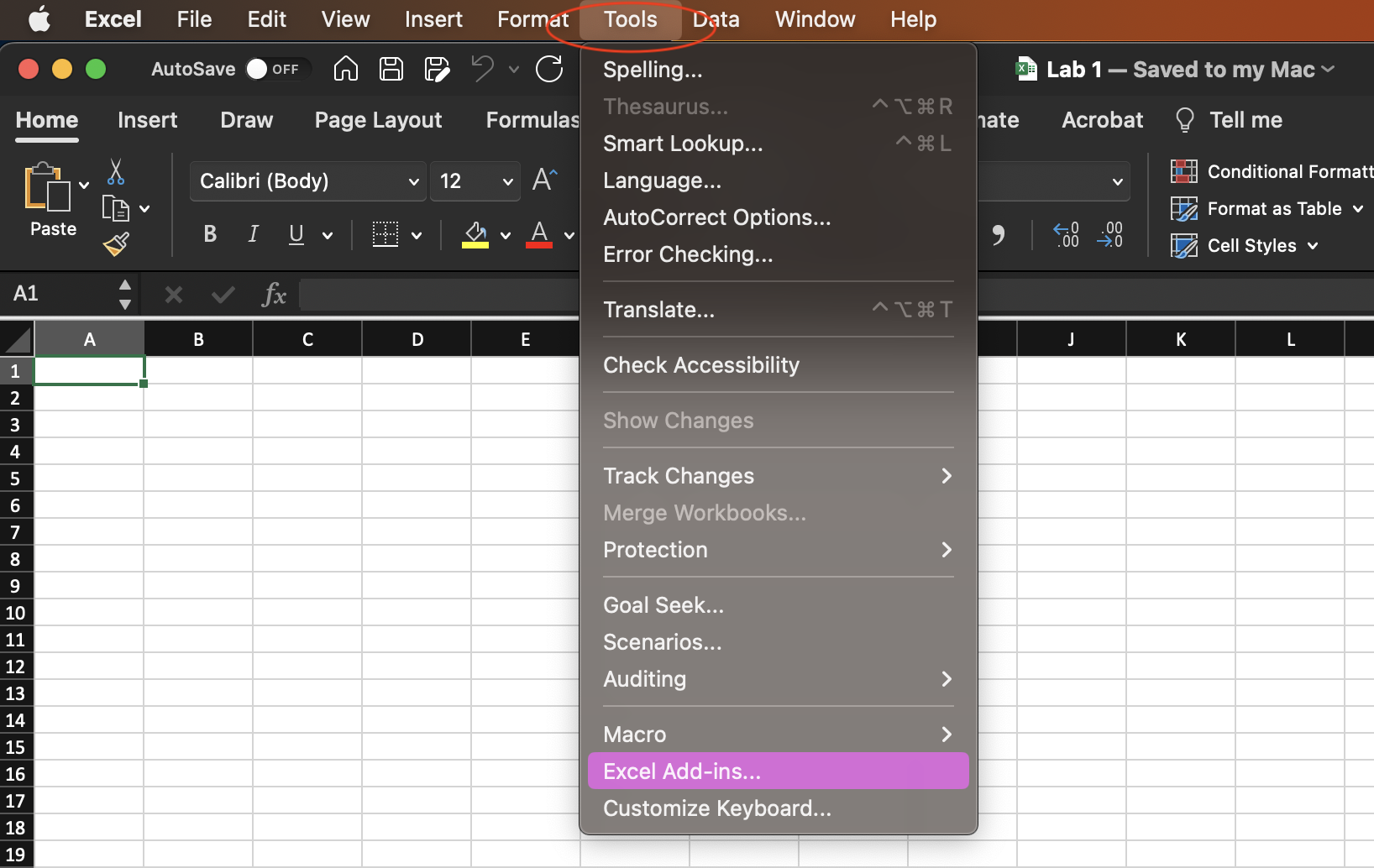 A dialog box showing Excel Tools on a MAC.