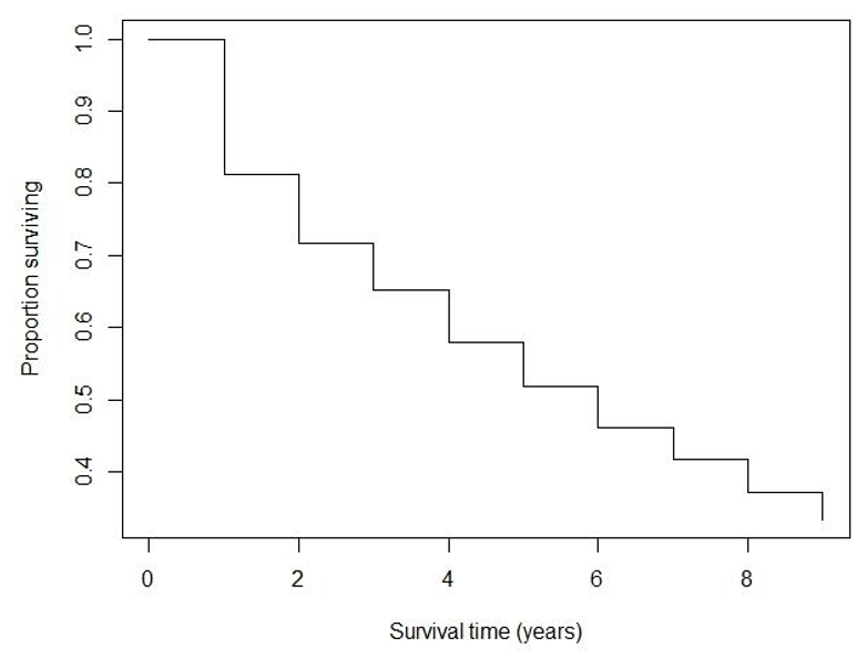 Men with angina data: Life table estimate of the survivor function.