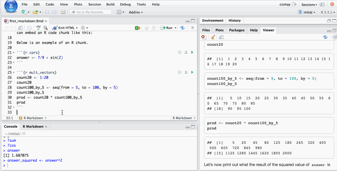 R code running in the text