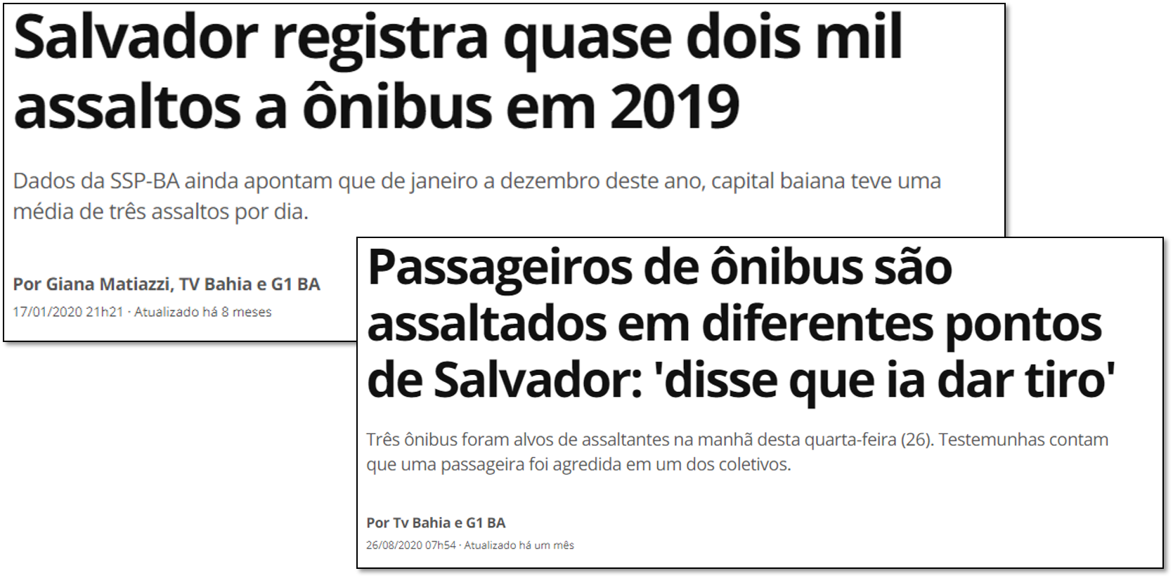 Manchetes sobre roubos a ônibus na cidade de Salvador