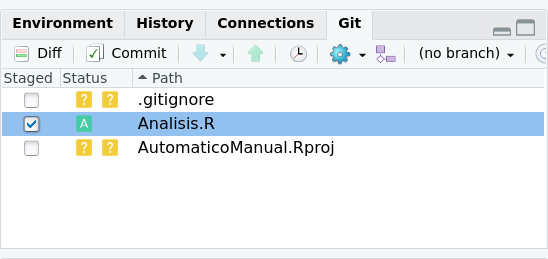 Al incluir tu repositorio en tu sesión de Rstudio, aparecera la pestaña git en la ventana superior derecha