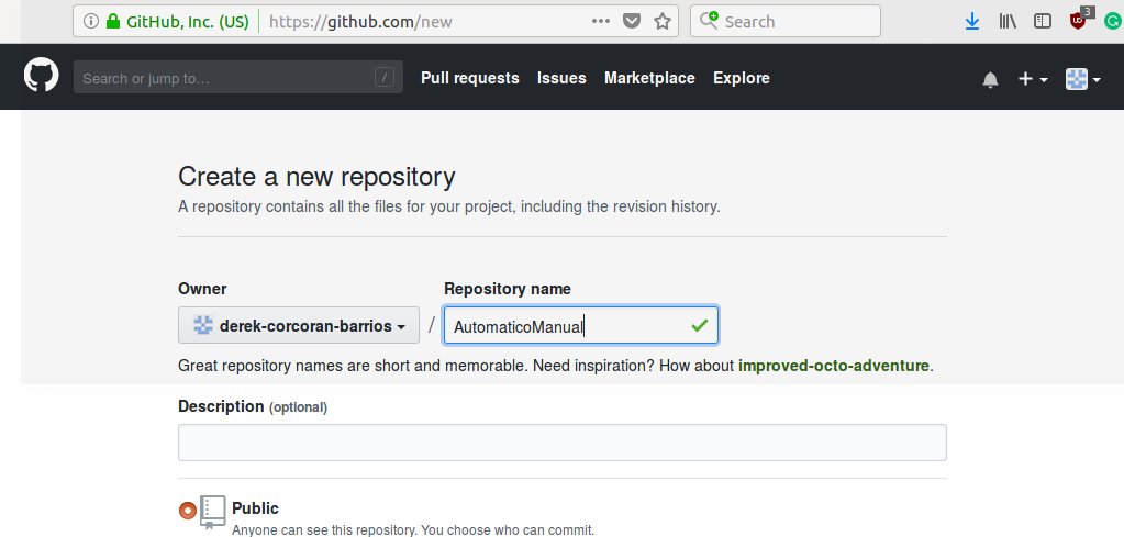 Crea el nombre de tu repositorio y apreta el boton create repository