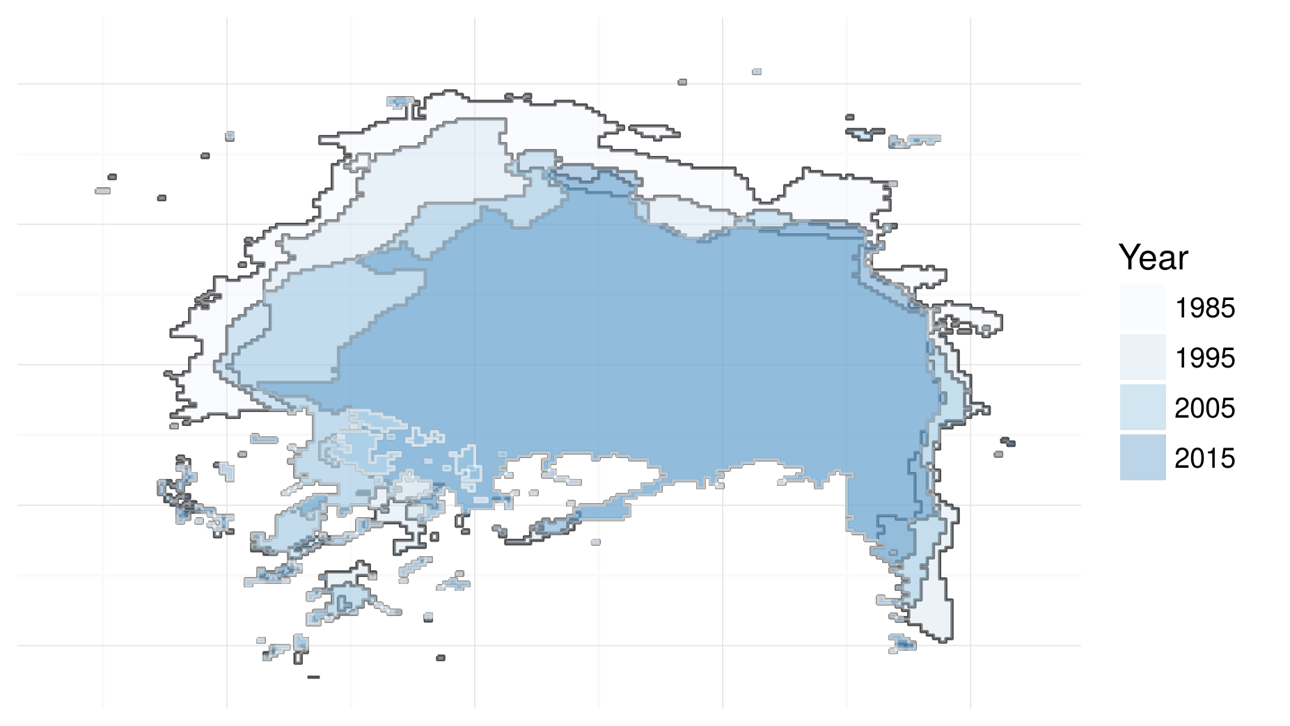 Visualisation of North Pole icesheet decline, generated using the code profiled using the profvis package.