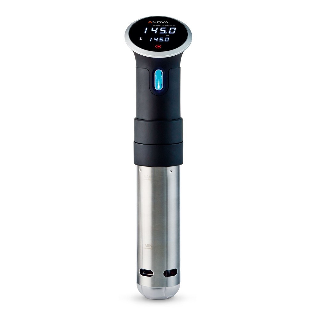 The features of this ANOVA model include Bluetooth capability, a dishwasher safe detachable stainless steel skirt and disks, cooking notifications, and a 2-year warranty.