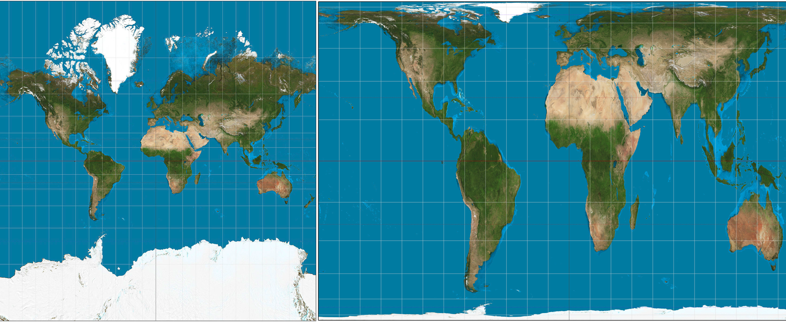 The Mercator Projection, left, and the Gall-Peters Equal Area Projection, right