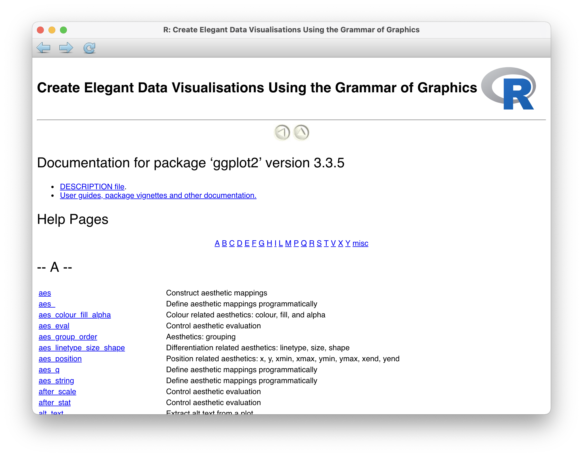 The R package documentation for 'ggplot2'