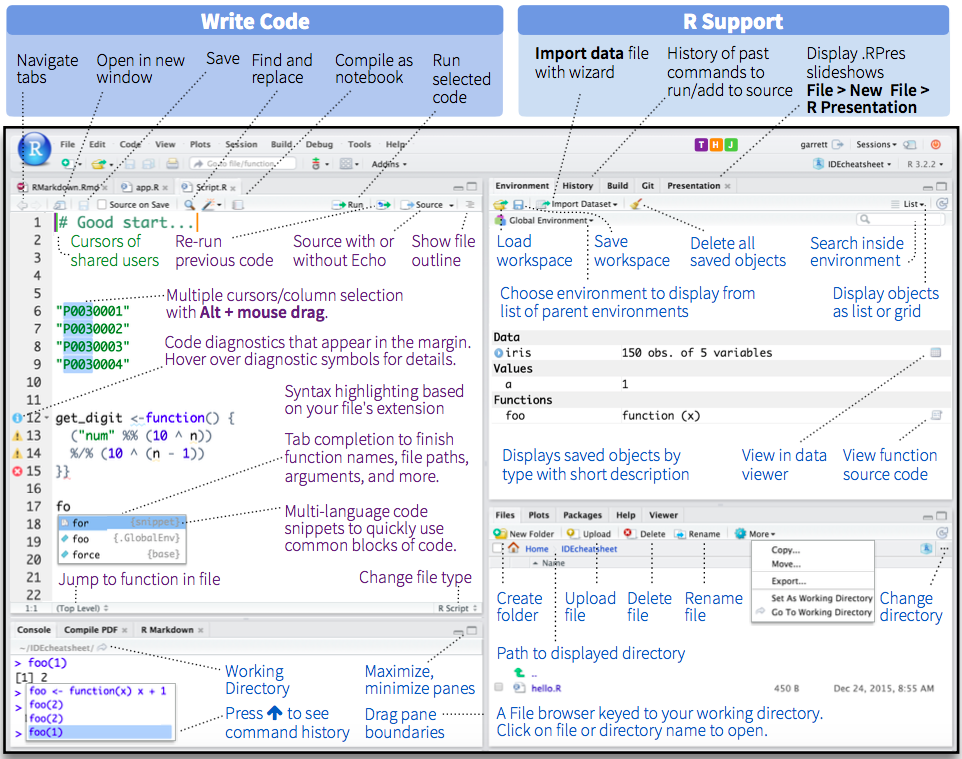 Main window of RStudio. The red shows the code panel and the yellow shows the console output. Extracted from here.