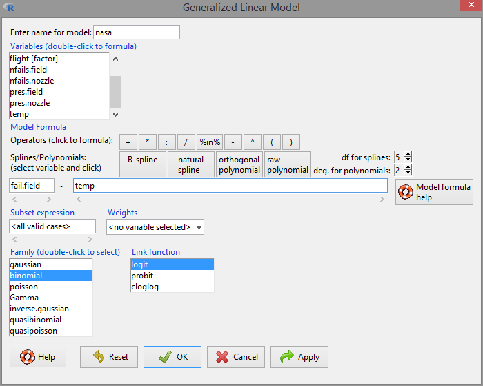 Window for performing logistic regression.