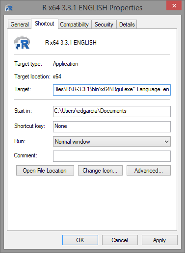Modification of the R shortcut properties in Windows.