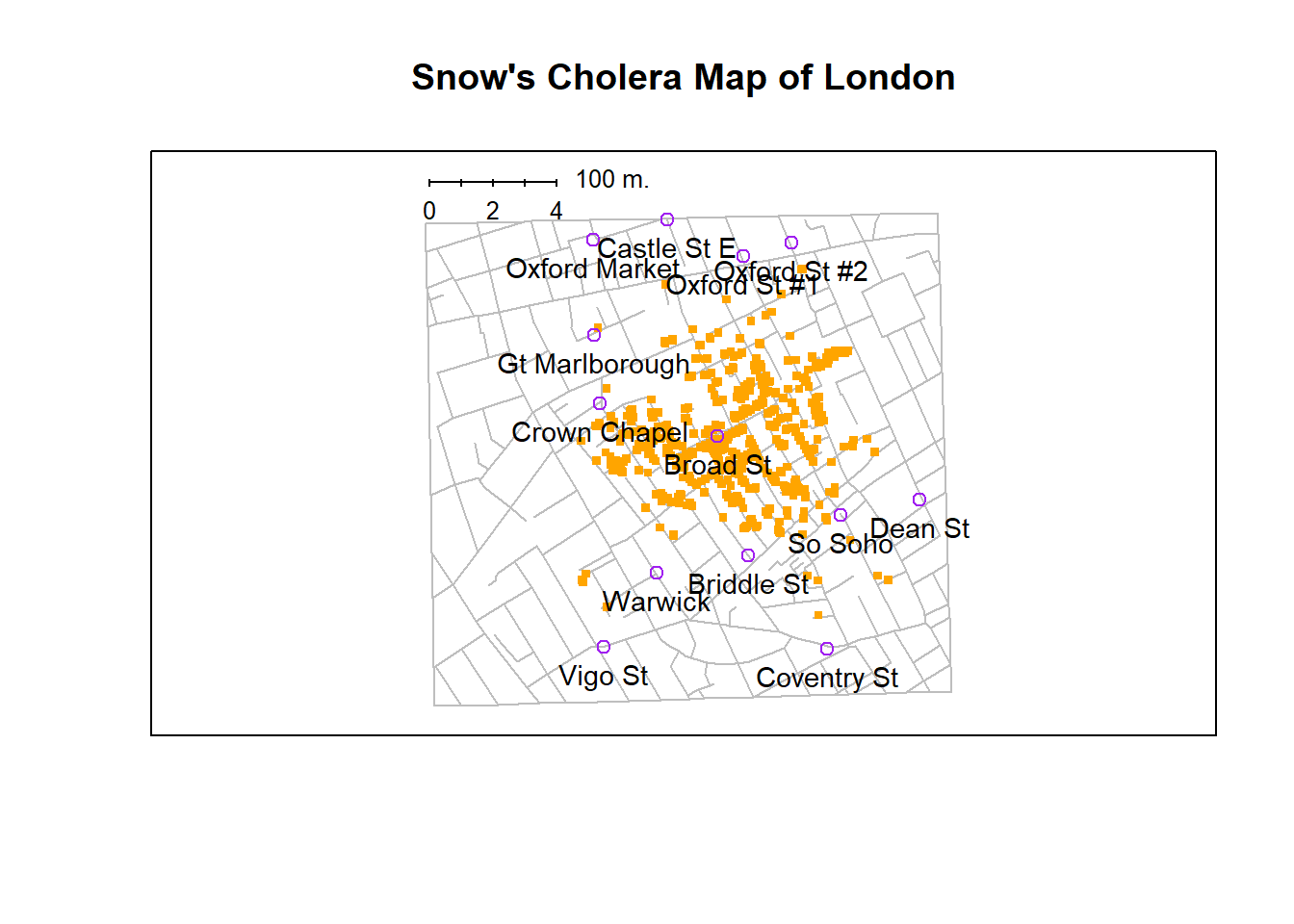 A stylised redrawing of John Snow's original cholera map. Each small dot represents the location of a cholera case, and each large circle shows the location of a well. As the plot makes clear, the cholera outbreak is centred very closely on the Broad St pump.  This image uses the data from the `HistData` package @[Friendly2011], and was drawn using minor alterations to the commands provided in the help files. Note that Snow's original hand drawn map used different symbols and labels, but you get the idea.
