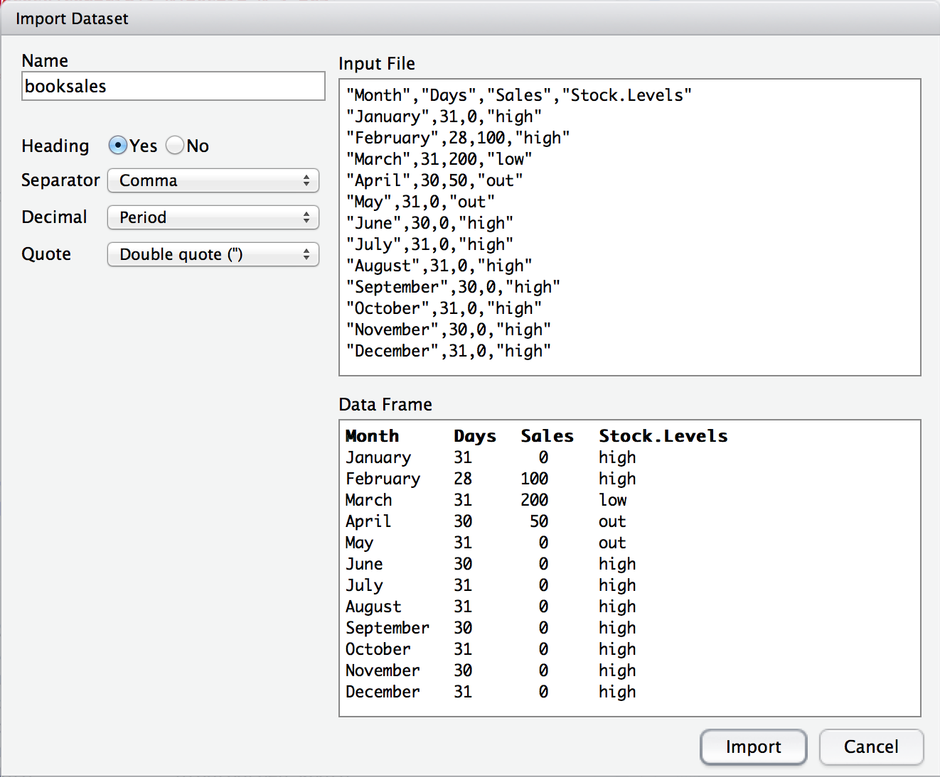 The Rstudio window for importing a CSV file into R