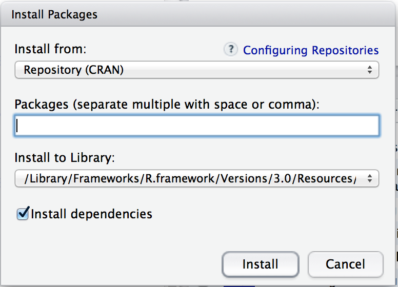 The package installation dialog box in Rstudio