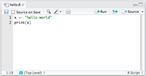 A screenshot showing the `hello.R` script open in Rstudio. Assuming that you're looking at this document in colour, you'll notice that the "hello world" text is shown in green. This isn't something that you do yourself: that's Rstudio being helpful. Because the text editor in Rstudio "knows" something about how R commands work, it will highlight different parts of your script in different colours. This is useful, but it's not actually part of the script itself.