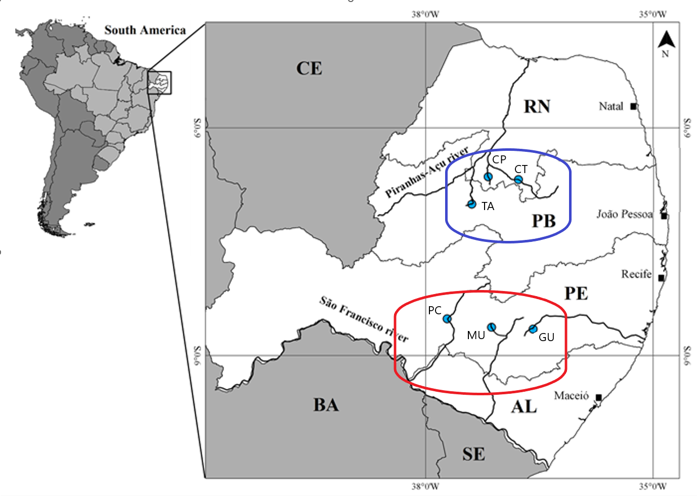 Mapa com a distribuição das Unidades Amostrais entre as duas áreas prioritárias para a conservação da Caatinga (sensu PROBIO) estudadas: Buíque/Vale do rio Ipojuca (em vermelho) e Seridó/Borborema (em azul).