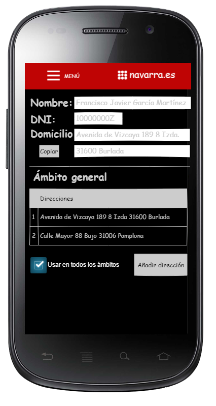 Maqueta de una *'app'* de gestión de datos de contacto e identificación