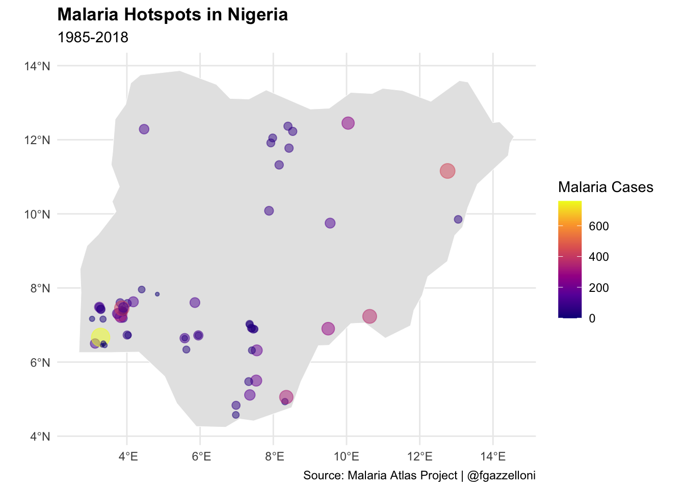 Map showing the distribution of malaria cases in Nigeria.