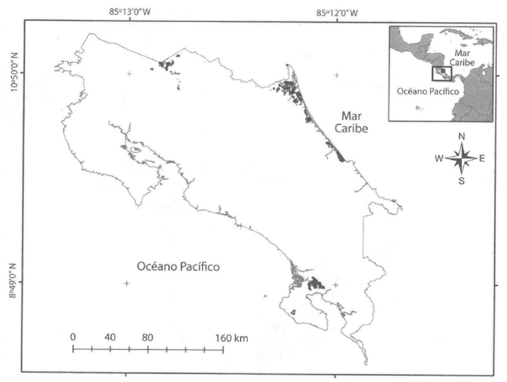Raphia taedigera swamp (Yolillal) distributions for Costa Rica, Yolillal distribution was estimated by georeferenciating cartographic maps at 1:50000