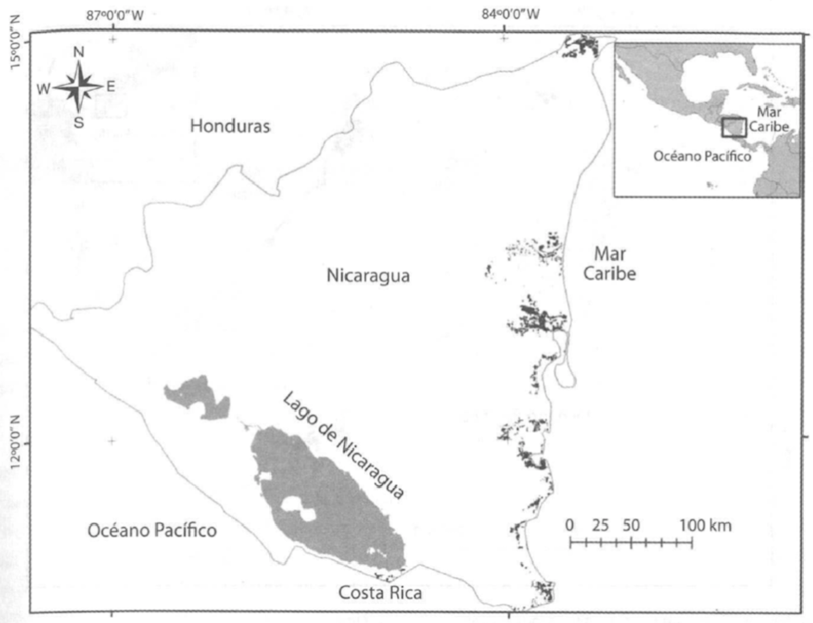 Raphia taedigera swamp (Yolillal) distributions for Nicaragua, Yolillal distribution was estimated by georeferenciating cartographic maps at 1:50000