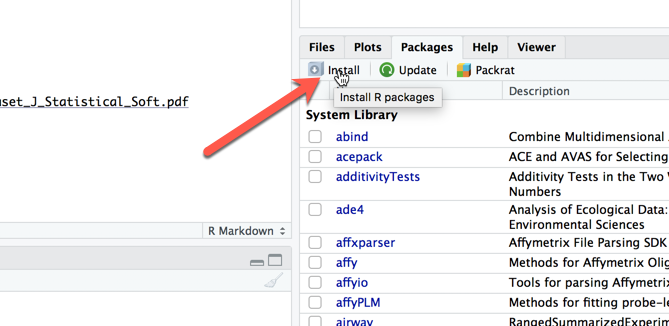 Illustration on the first step to begin installing an package in R-studio