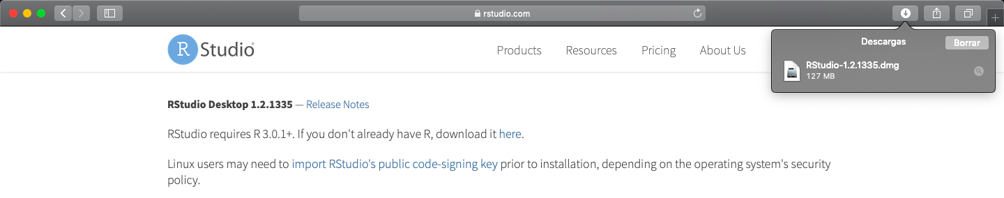 Descarga del installer de RStudio para Mac OS