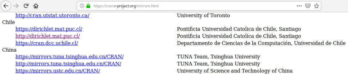 Distintos servidores (mirrors) para descargar R