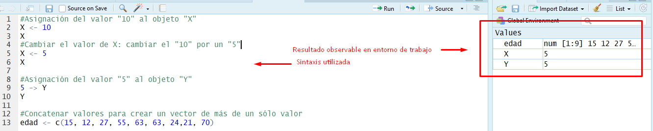 Entorno de trabajo de RStudio con objetos