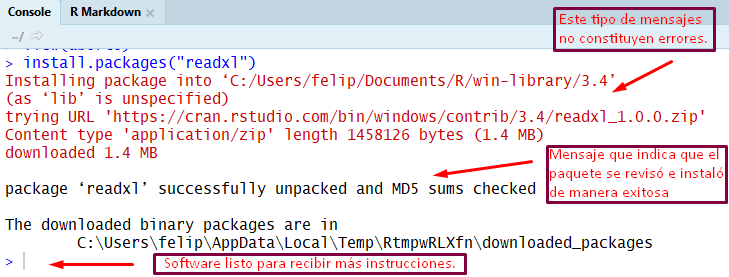 Consola indicando instalación exitosa del paquete readxl