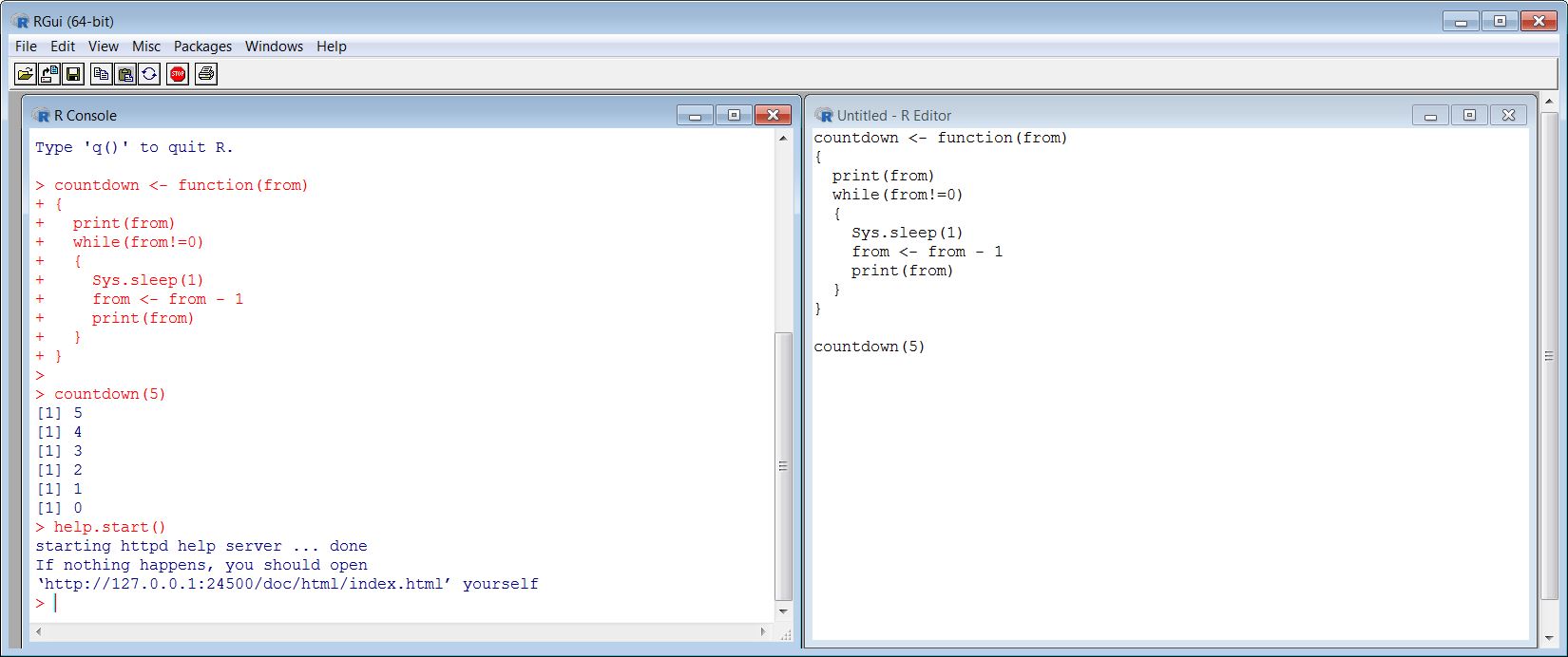 Screen capture of RGui: where Console i son the left and Editor is on the right