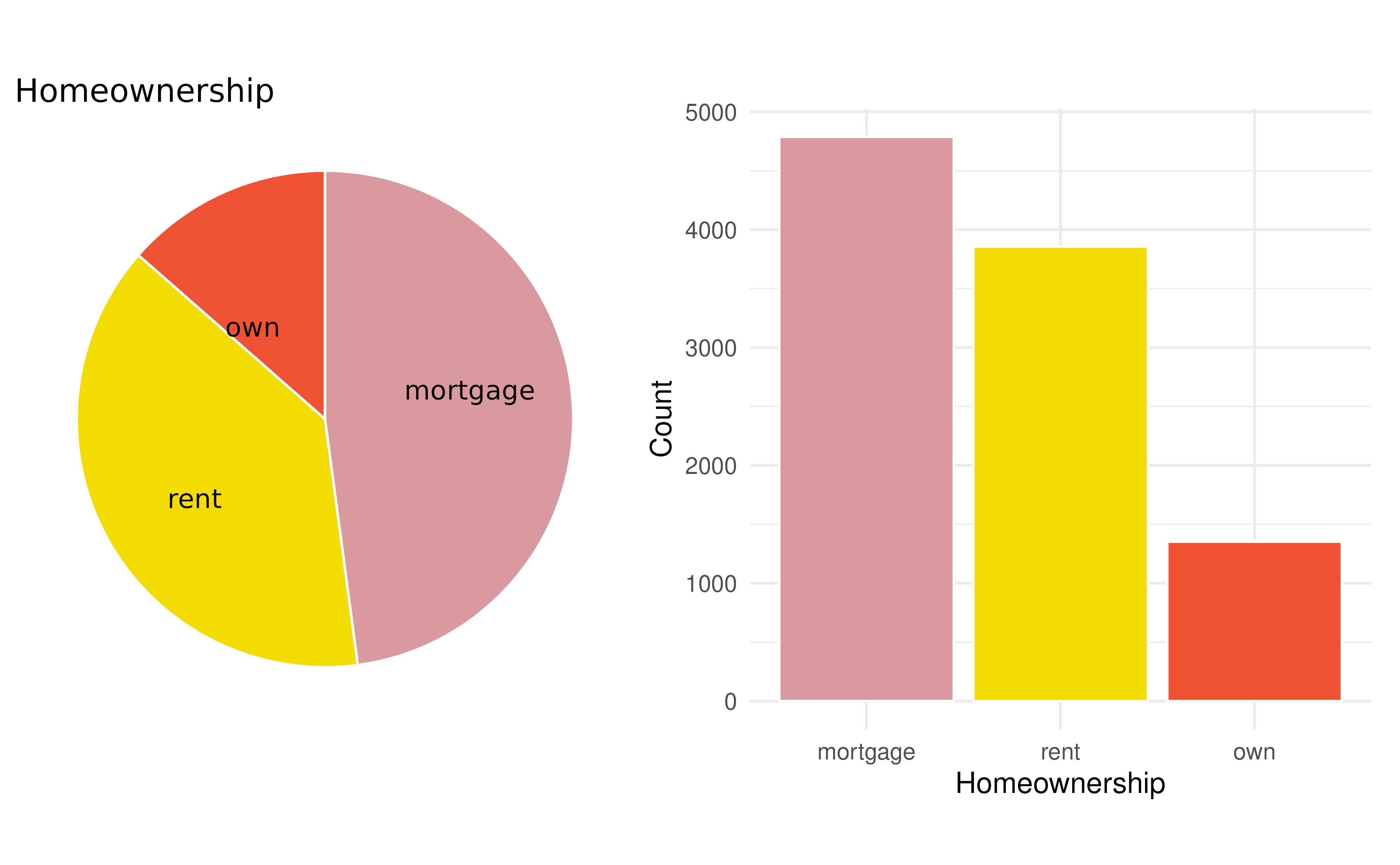 A pie chart and bar plot of homeownership.