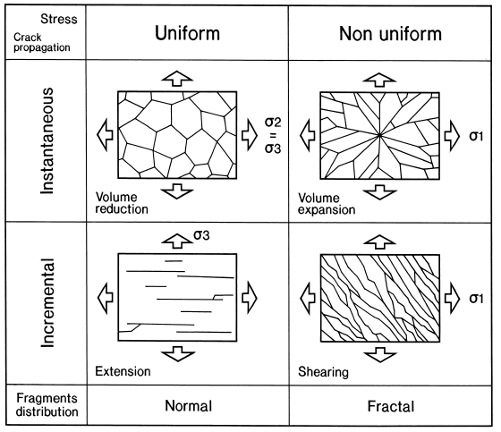 The two parameters of stress and crack propagation play a major role during the propagation stage, and define early fragmentation. Crack propagation can be instantaneous, related to transient, nonrenewable, stage of stress, or incremental constant state of stress. The stress field could be relatively uniform, like in a tensional environment, where few rotations occur, or nonuniform, like in a compressional environment. Arrows indicate one of the principal stress directions.