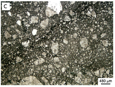 In (a) coarse and angular grains are in contact with one another (embryonic cataclastic fabric). Small grains forming a fine matrix are almost absent. Note the network of extensional fractures. In (b) coarse grains start to be rounded and surrounded by a fine matrix (intermediate cataclastic fabric). In (c) coarse grains are rare and rarely in contact with one another because an abundant fine matrix surrounds them (mature cataclastic fabric).