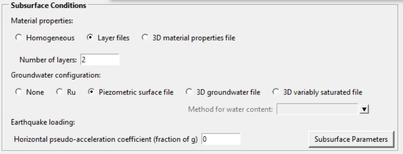 in alto blocco subsurface conditions; in basso schermata subsurface parameters con inserimento di dati piezometrici