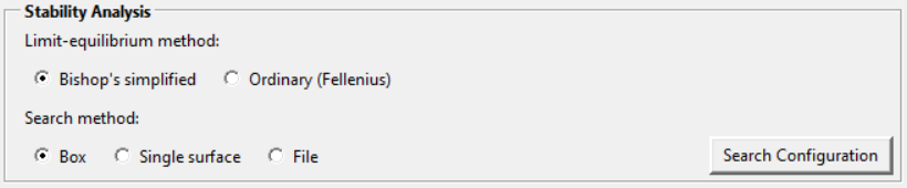 Blocco Analisi di Stabilità, definizione del metodo d'analisi, inserimento dati superficie di distacco e risoluzione, opzioni avanzate di ricerca