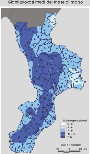 Distribuzione medie mensili delle aree più piovose, misurate negli anni dal 1921 al 2000. ArpaCal www.arpacal.it