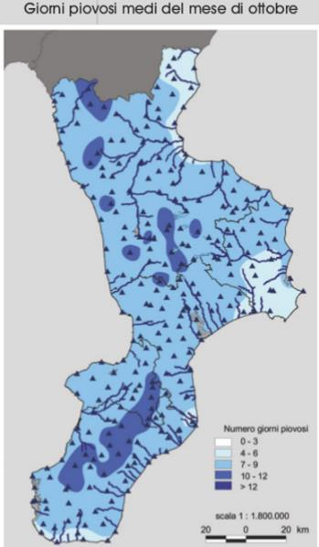 Distribuzione medie mensili delle aree più piovose, misurate negli anni dal 1921 al 2000. ArpaCal www.arpacal.it