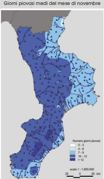 Distribuzione medie mensili delle aree più piovose, misurate negli anni dal 1921 al 2000. ArpaCal www.arpacal.it