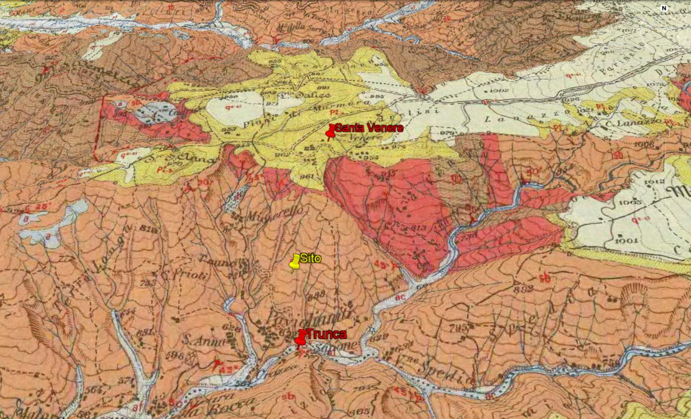 carta geologica georeferenziata e zoom sull'area di sito