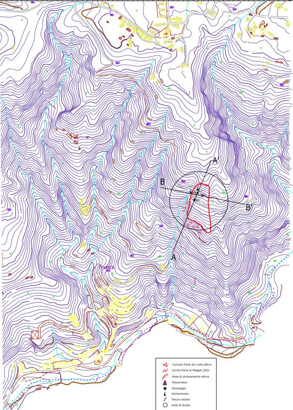 cartografia dell'area in frana studiata durante il tirocinio. scala 1:5.000