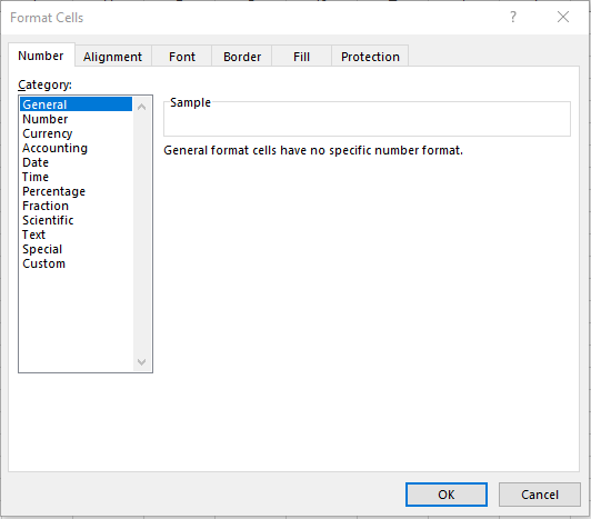 The Format Cells Window in Excel.