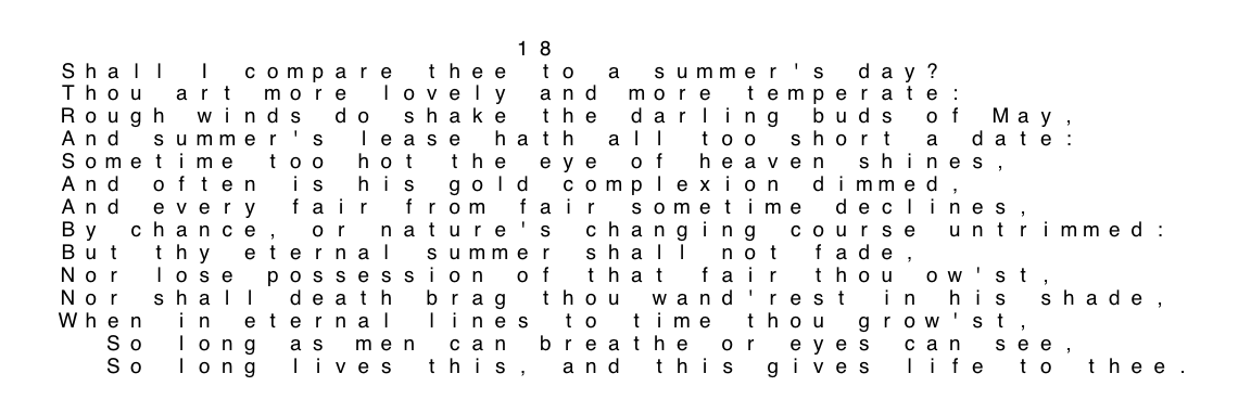 Visualizing Shakespeare’s Sonnet 18 (using the plot_charmap() function of ds4psy).