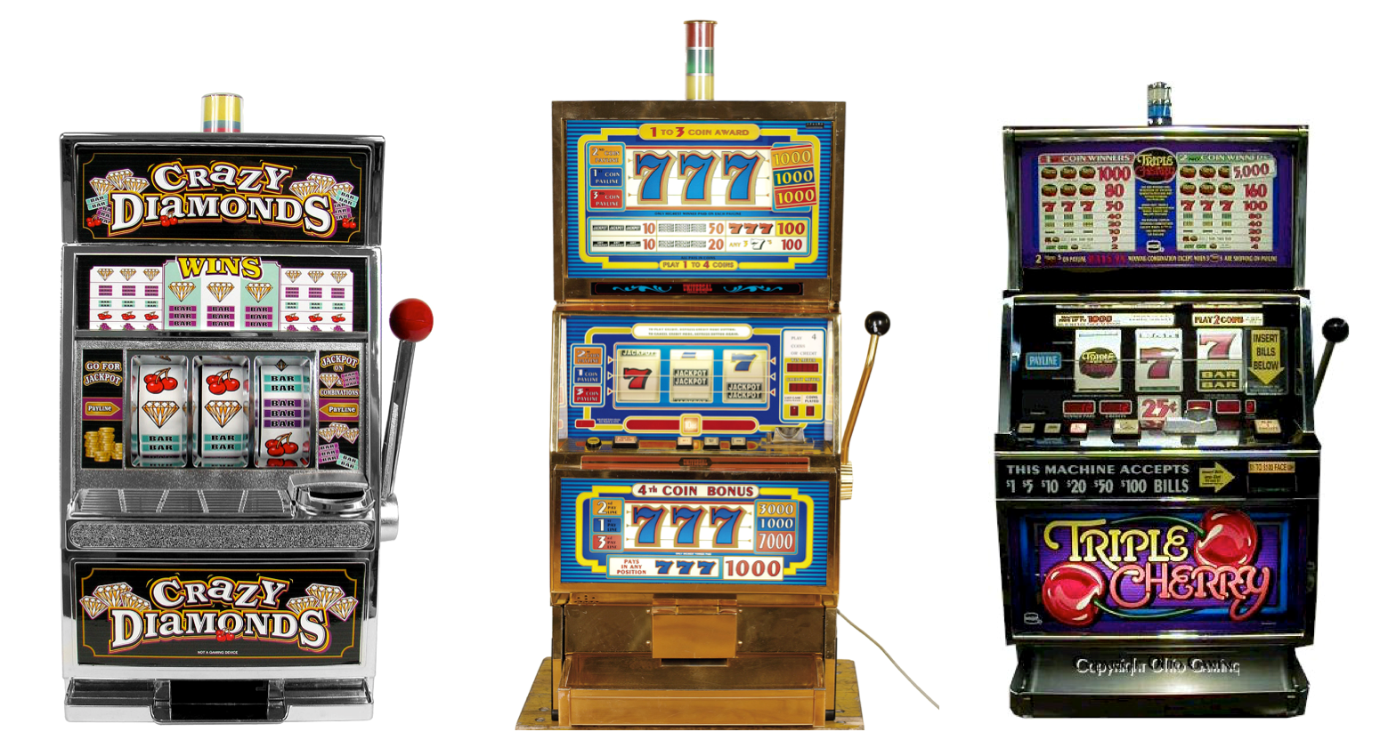 Three slot machines create a 3-armed bandit with uncertain payoffs for each option.