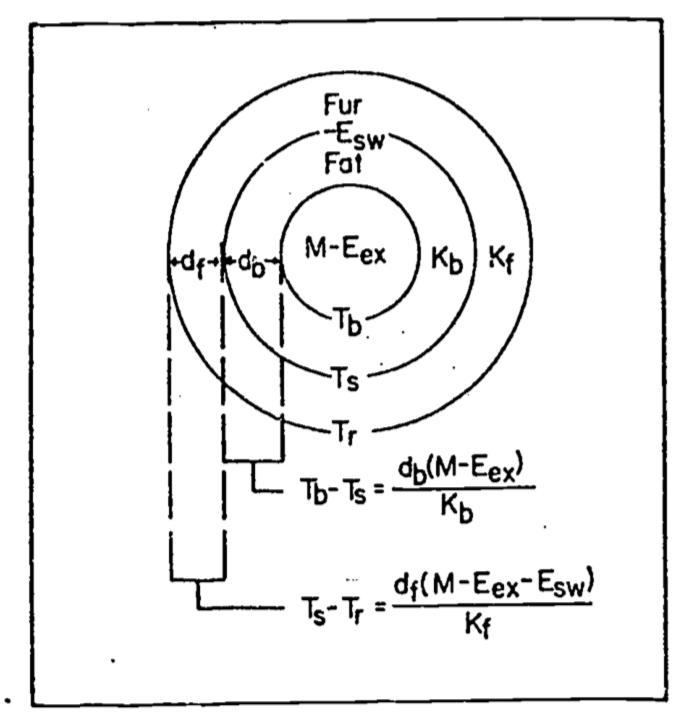 Concentric cylinder model of animal for heat transfer analysis. M=metabolism,$E_{ex}$=respiratory moisture loss, $E_{sw}$=moisture loss by sweating, $T_b$=body temperature, $T_s$=skin temperature, $T_r$= radiant surface temperature, $k_b$ = conductivity of fat, $k_f$ = conductivity of fur or feathers, $d_b$=thickness of fat, and $d_f$= thickness of fur or feathers. From Porter, W.P.and D.M. Gates. 1969. P. 230.