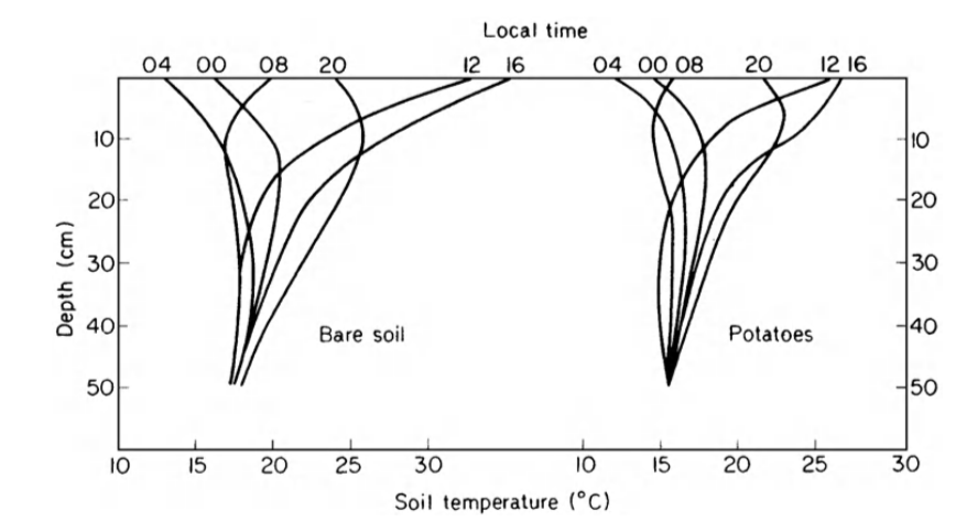 Diurnal change of soil temperature measured below a bare soil surface and below potatoes (from Monteith 1973).