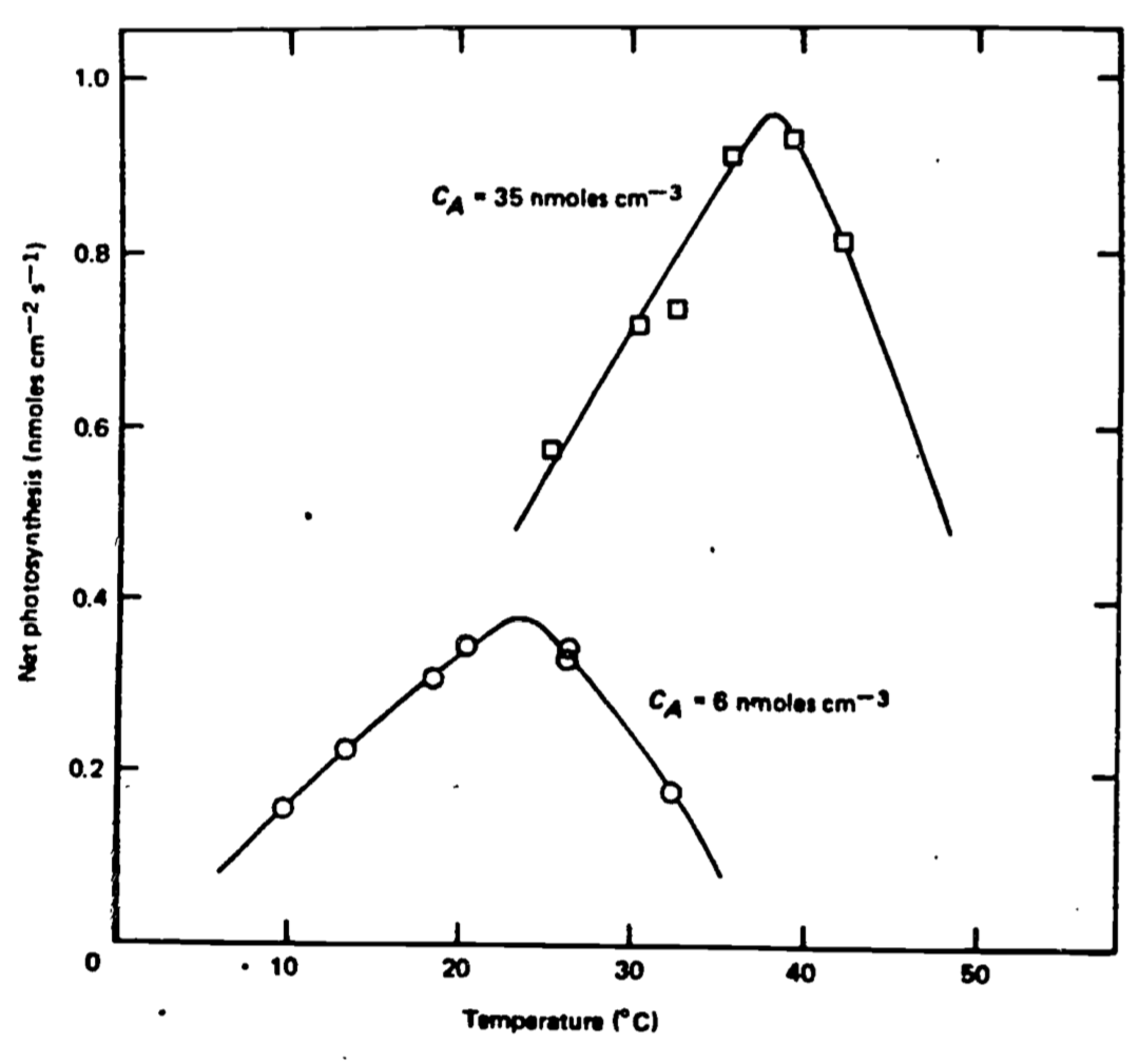 Net photosynthesis versus leaf temperature at high and low carbon dioxide concentration. From Locomen et al. 1975.  P. 41.