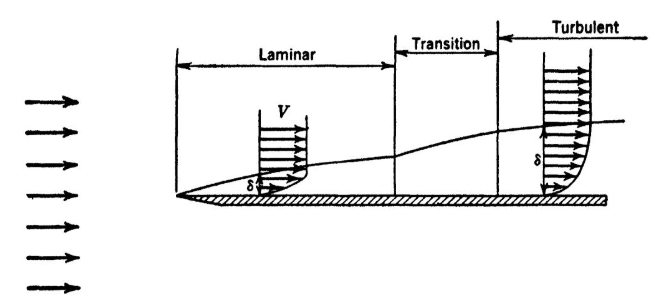Visualization of the development of the boundary layer velocity profile. From left to right, the initial uniform velocity shows a laminar profile upon first contact with the surface. This develops into a turbulent layer if the Reynolds number is large. From Vennard and Street 1975, p. 312.