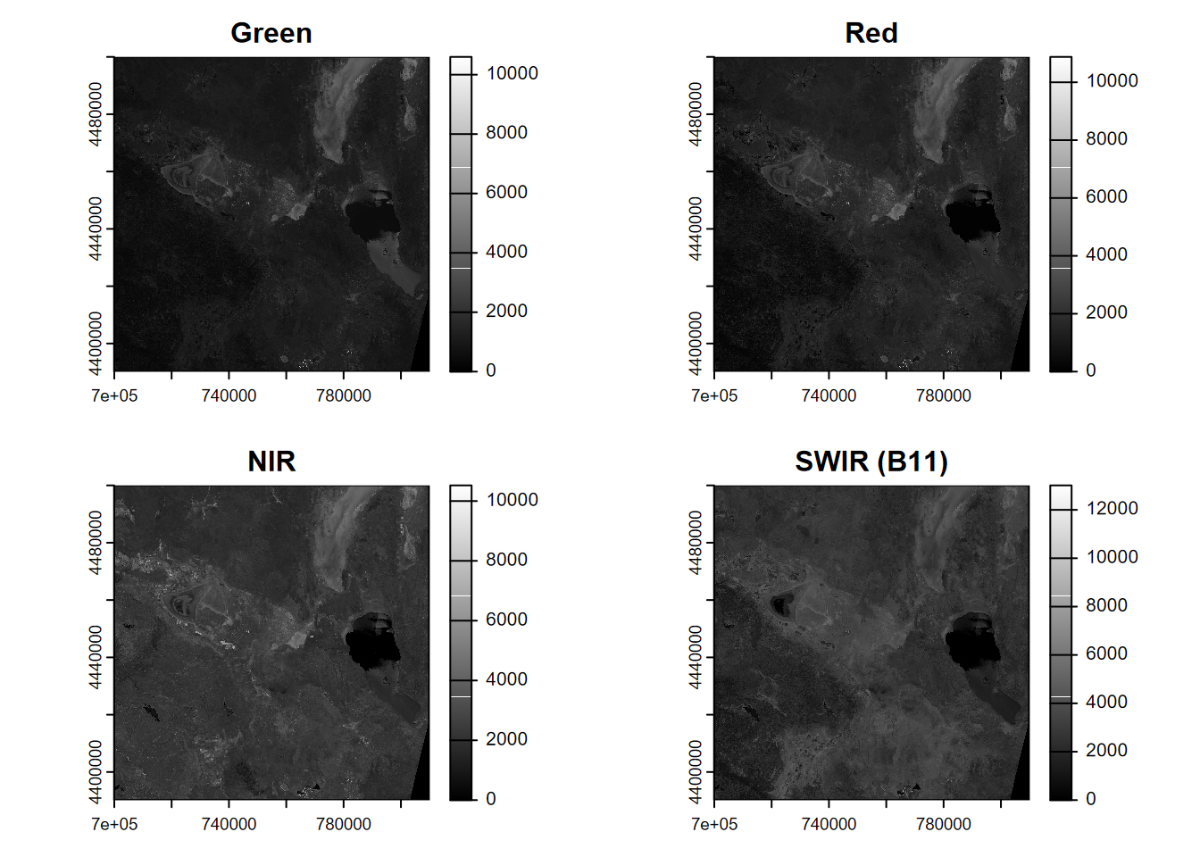 Four bands of a Sentinel-2 scene from 20210628.