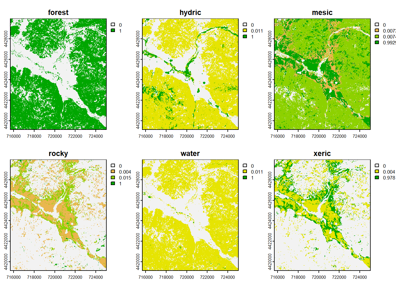 CART classification, probabilities of each class, Sentinel-2 20 m 20210628